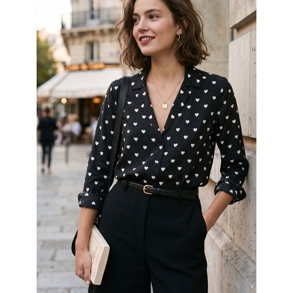 Equipment Adalyn Heart Print V-Neck Blouse Black White NWT XXS XS S $280